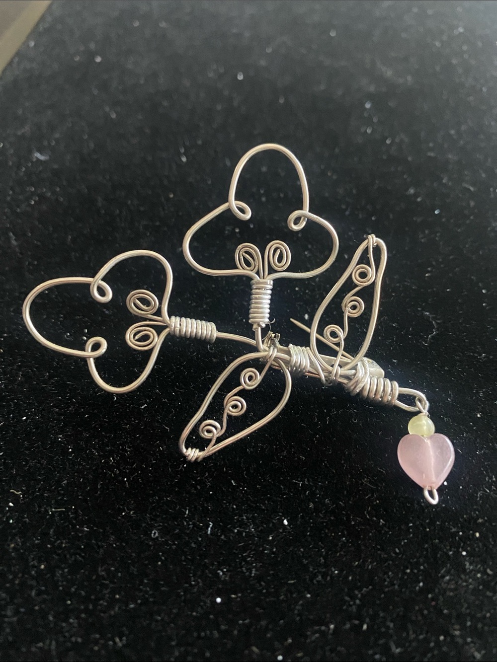 Handcrafted Silver-Tone Wire Clover Brooch with Pink Heart Charm